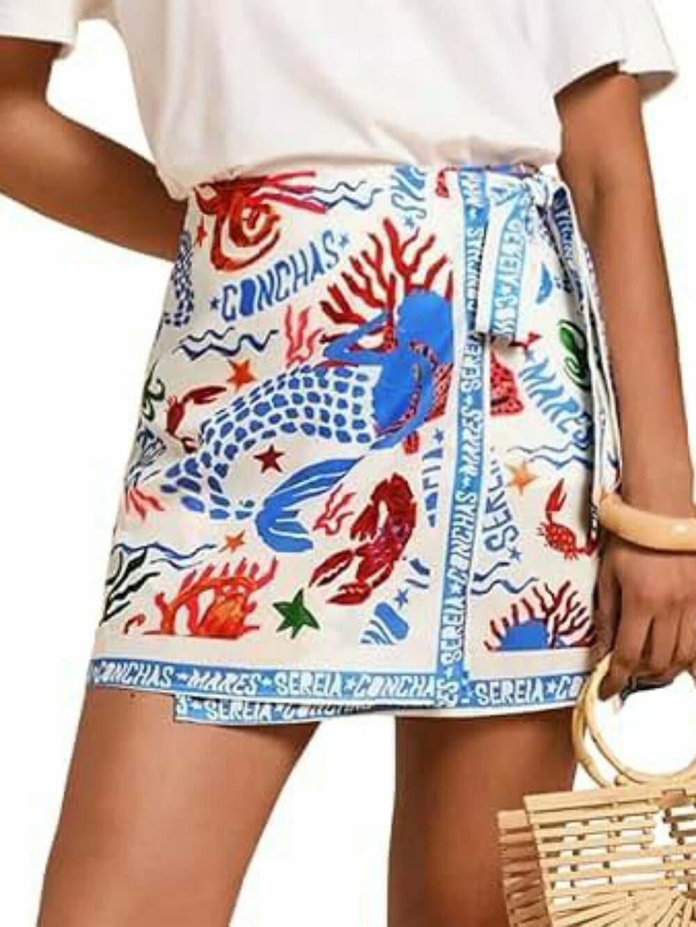 Summer Boho Sea Life Print Wrap Mini Skirt - White Blue Red Medium Tie Waist